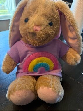 Build-A-Bear Workshop Tan Bunny Rabbit Plush Purple Rainbow Shirt BAB 16”